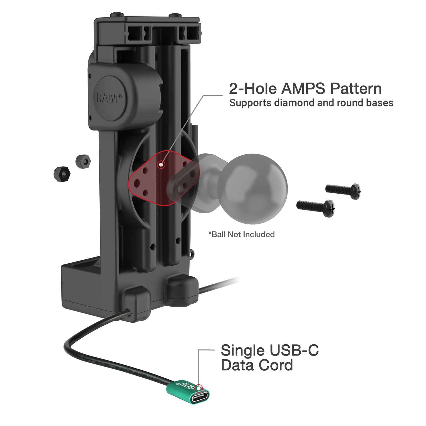 GDS® Uni-Conn™ Spring Loaded Power + Single USB-C Dock (RAM-GDS-DOCK-V12-U1CP-CU)