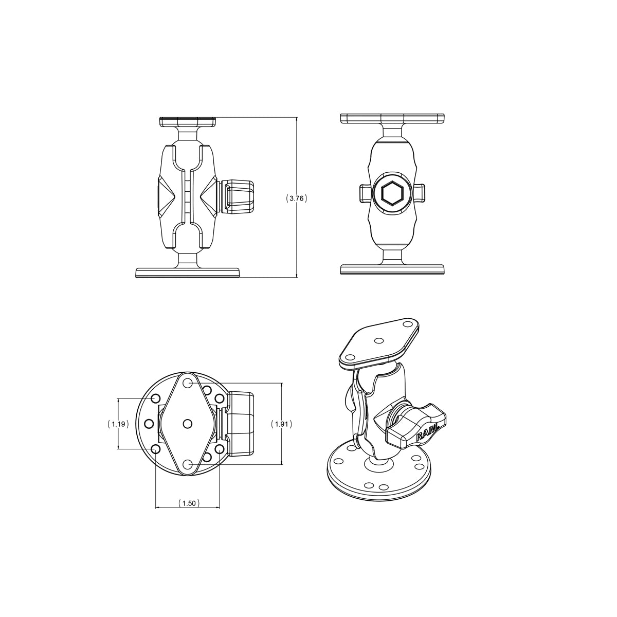 RAM 1" Ball Mount with Short Double Socket Arm 2.5" Round Base & Diamond Base (RAM-B-138U-A)
