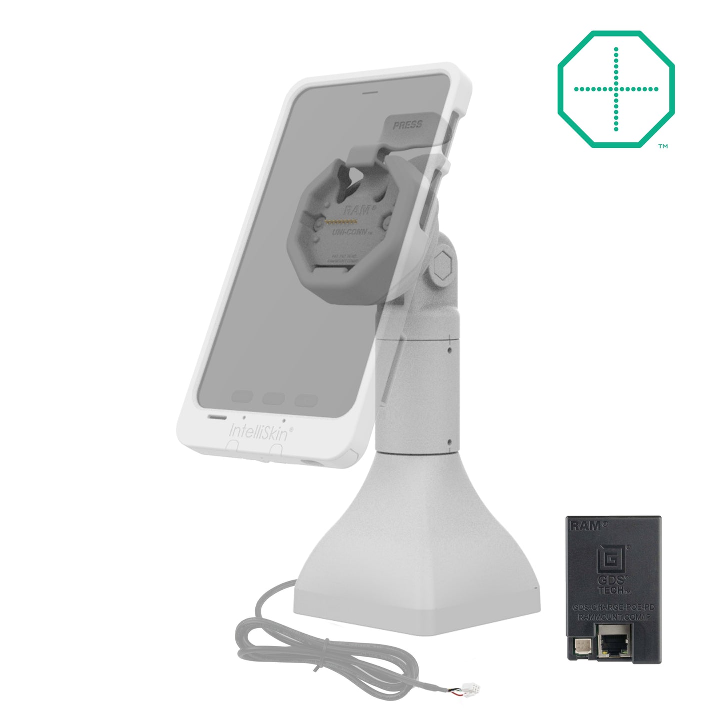 GDS® Uni-Conn™ Powered 7" Pedestal Dock with PoE - Gray (RAM-GDS-DOCK-D11-7-U3E-GRY)