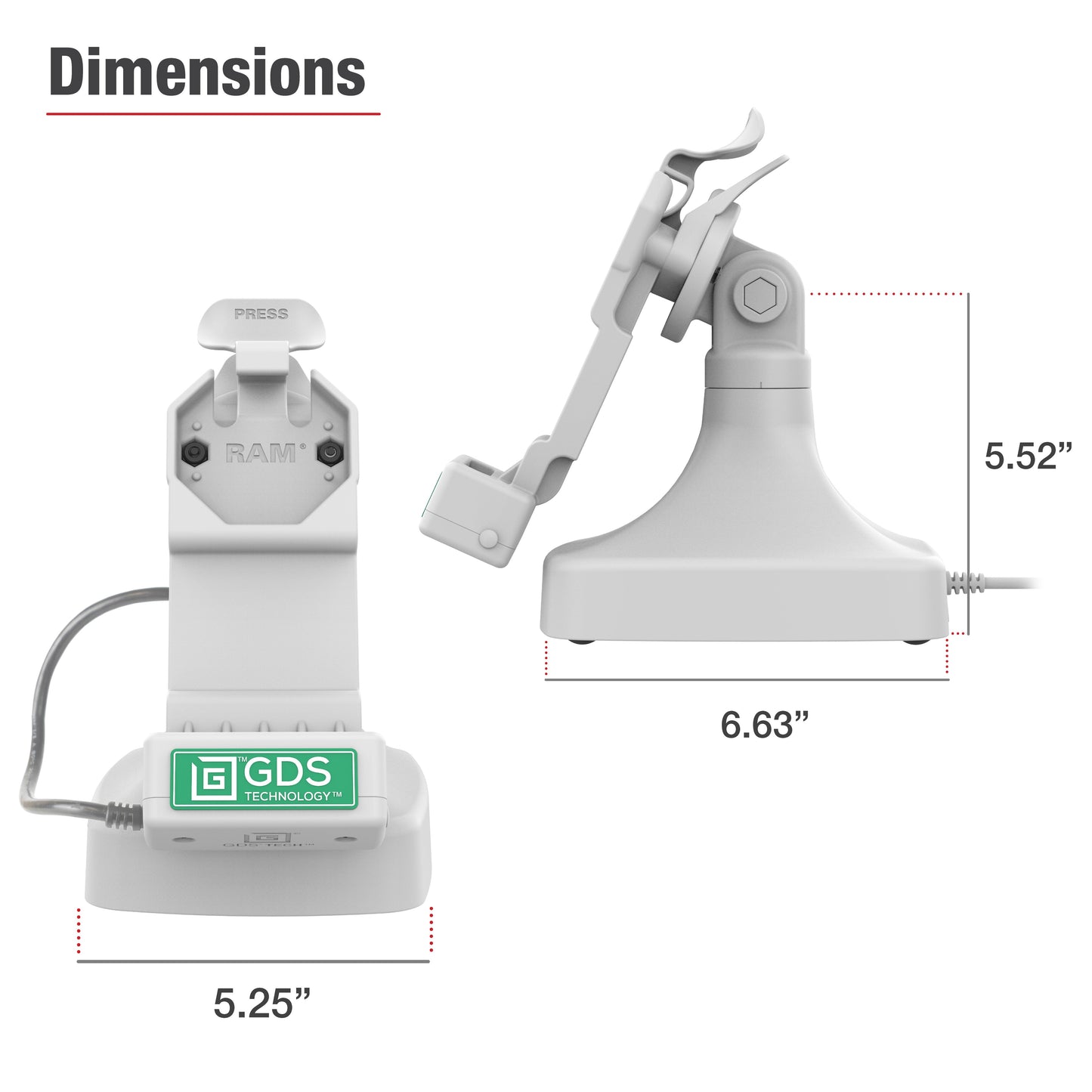 GDS® Uni-Conn™ Tilt & Swivel Dock with PoE + Data - Gray (RAM-GDS-DOCK-D14-U1E-2A-GRY)