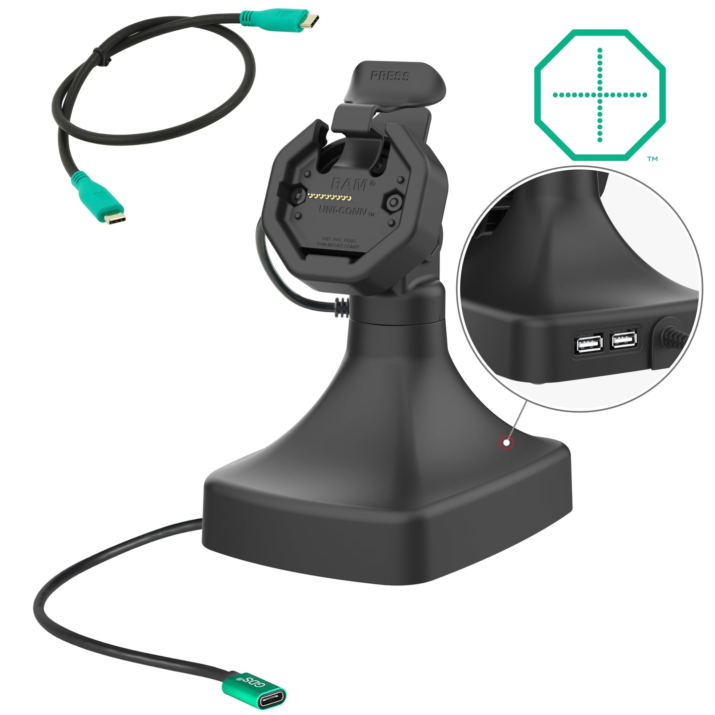 GDS® Uni-Conn™ Powered Tilt & Swivel Dock with USB-C + Data (RAM-GDS-DOCK-D14-U3C-2A)