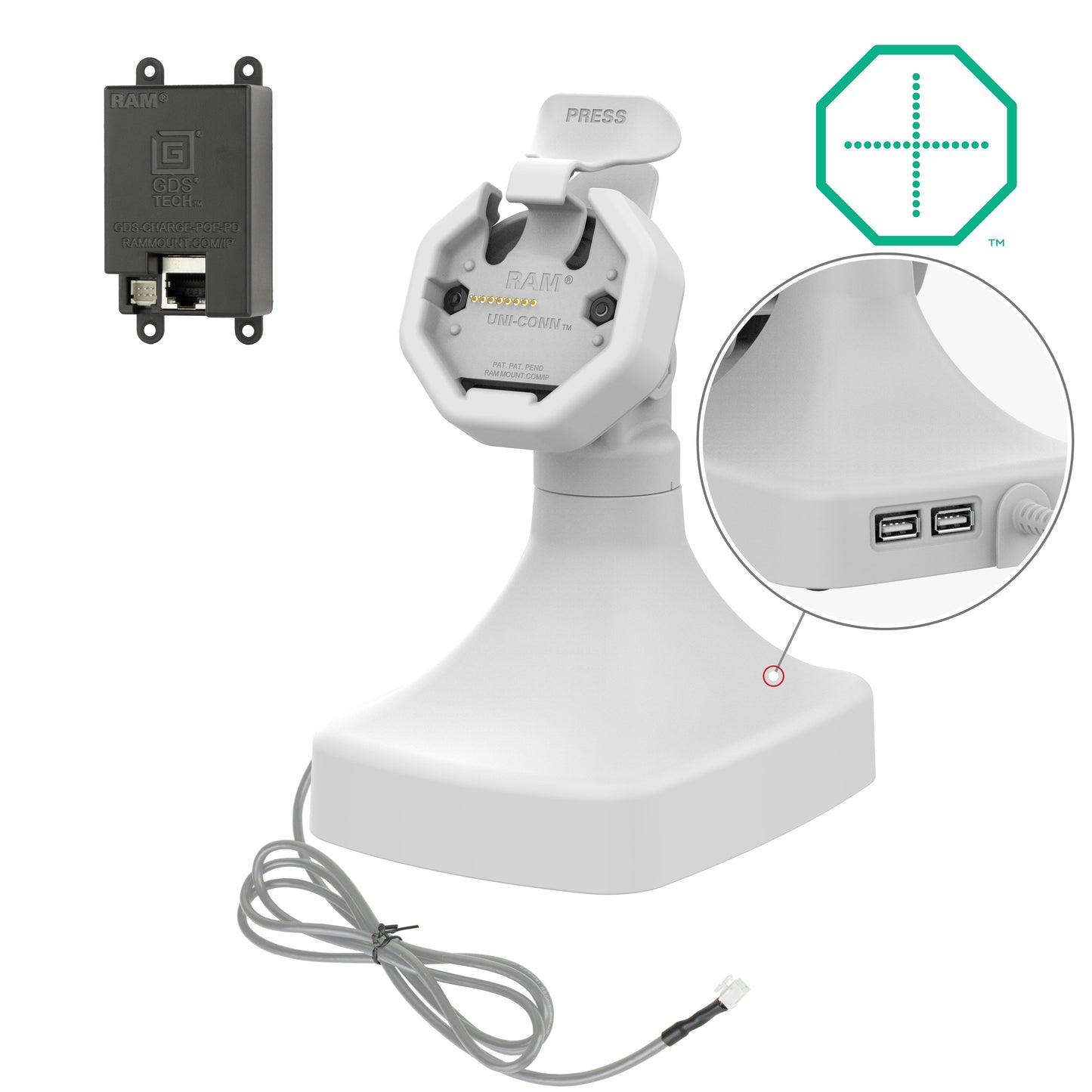 GDS® Uni-Conn™ Powered Tilt & Swivel Dock with PoE + Data - Gray (RAM-GDS-DOCK-D14-U3E-2A-GRY)