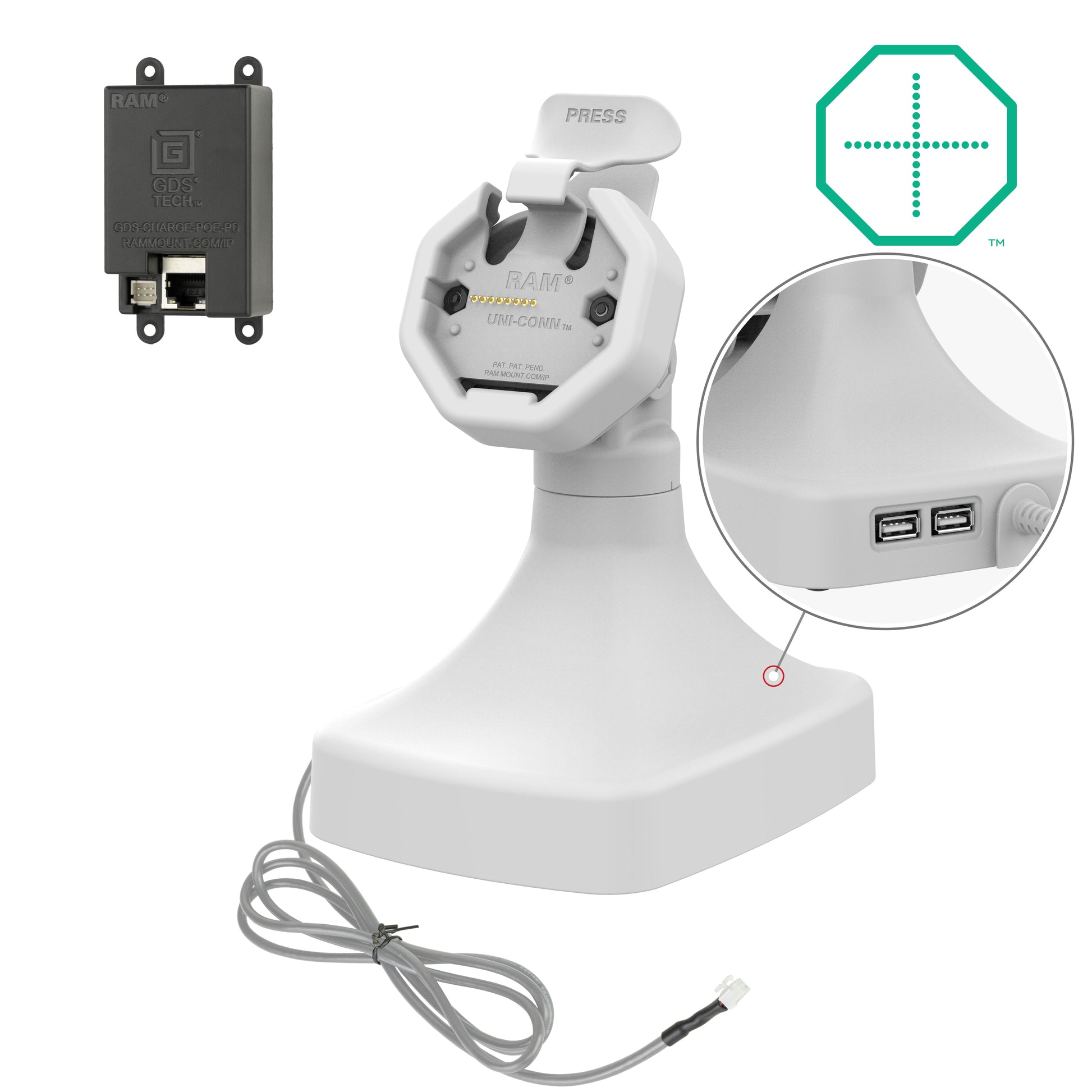 GDS® Uni-Conn™ Powered Tilt & Swivel Dock with PoE + Data - Gray (RAM-GDS-DOCK-D14-U3E-2A-GRY)