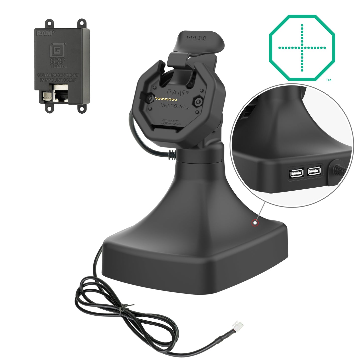 GDS® Uni-Conn™ Powered Tilt & Swivel Dock with PoE + Data (RAM-GDS-DOCK-D14-U3E-2A)