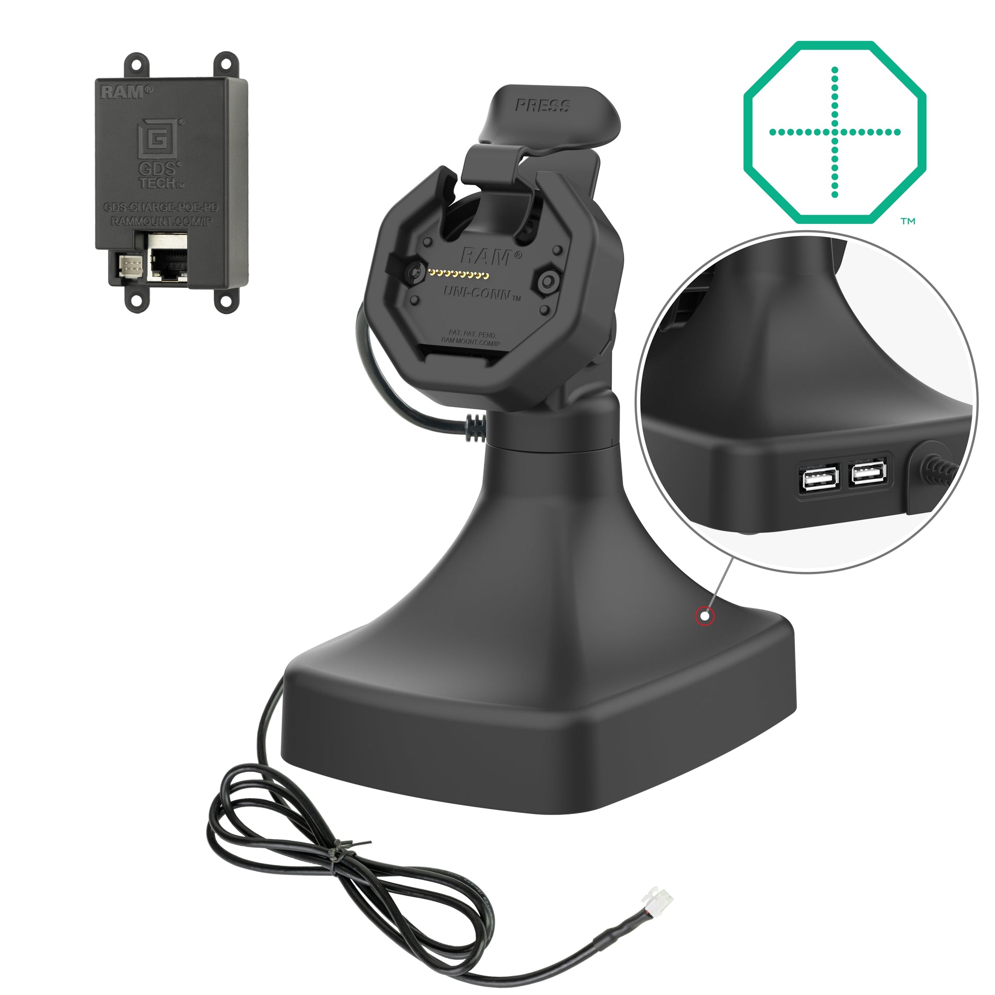 GDS® Uni-Conn™ Powered Tilt & Swivel Dock with PoE + Data (RAM-GDS-DOCK-D14-U3E-2A)