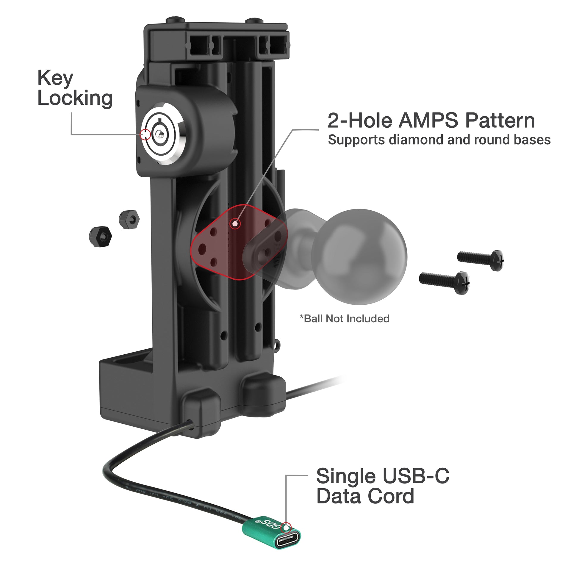 GDS® Uni-Conn™ Locking Spring Loaded Power + Single USB-C Dock (RAM-GDS-DOCKL-V12-U1CP-CU)